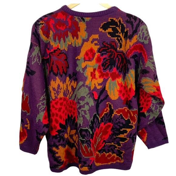 Vintage 80s Y2K Women's Sweater Purple Red Gold Floral Crew Neck - Picture 2 of 7